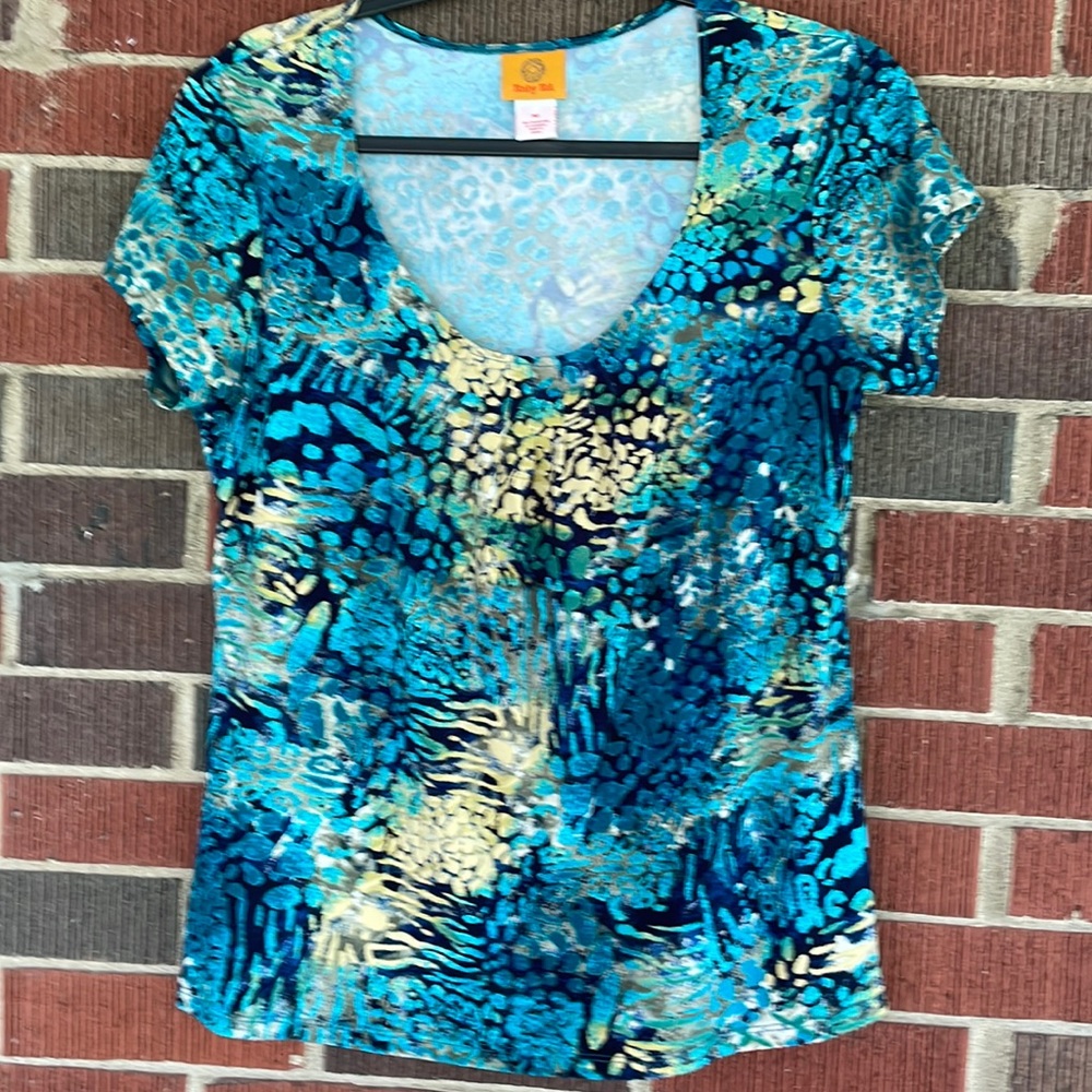 Turquoise, navy and yellow scoop neck top